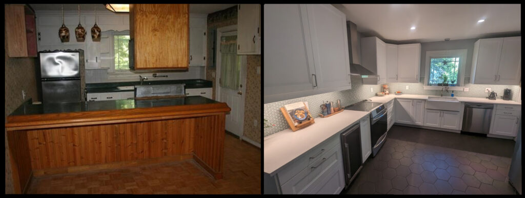 Before and after photos of a kitchen renovation.